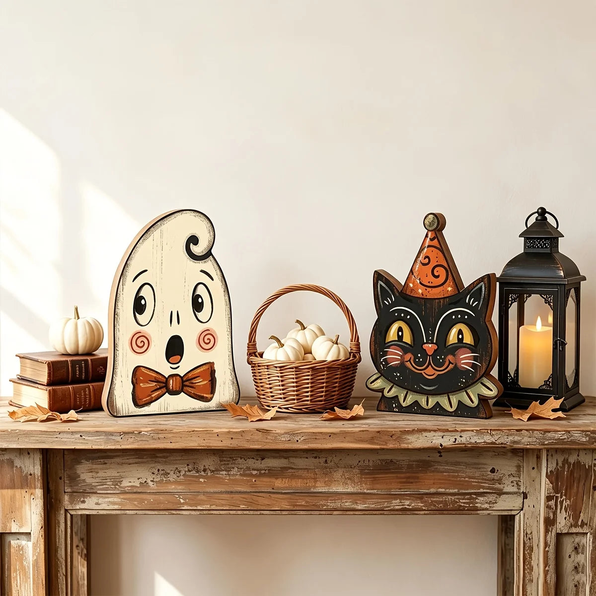 Halloween Decor Indoor,Retro Wooden Block for Shelf Decoration,Cute Ghost,Pumpkin,Black Cat,Skeleton,Witch Owl,Housewarming Gift