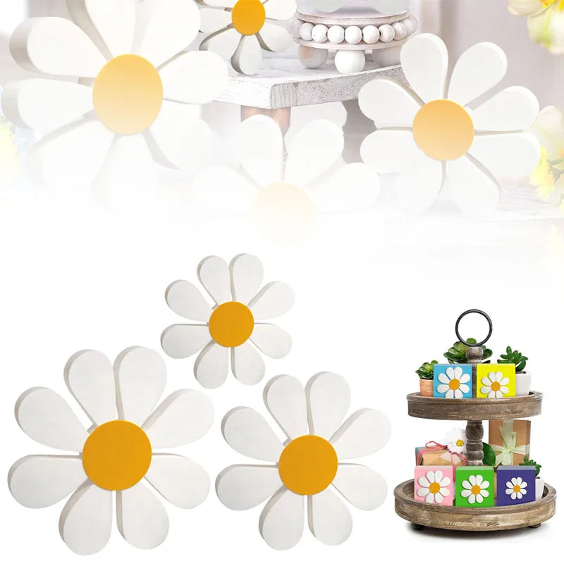 3Pcs/set Wooden Daisy Flower Ornaments Vintage Floral Desktop Decoration Home Spring Festival Supplies Wood Crafts Photo Props