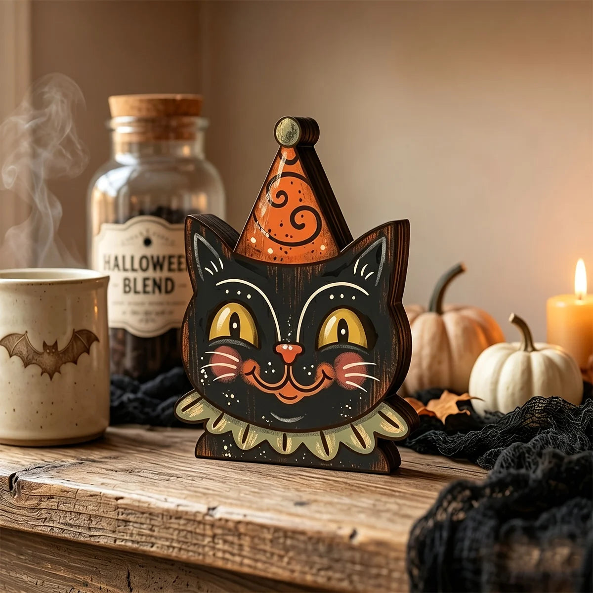 Halloween Decor Indoor,Retro Wooden Block for Shelf Decoration,Cute Ghost,Pumpkin,Black Cat,Skeleton,Witch Owl,Housewarming Gift