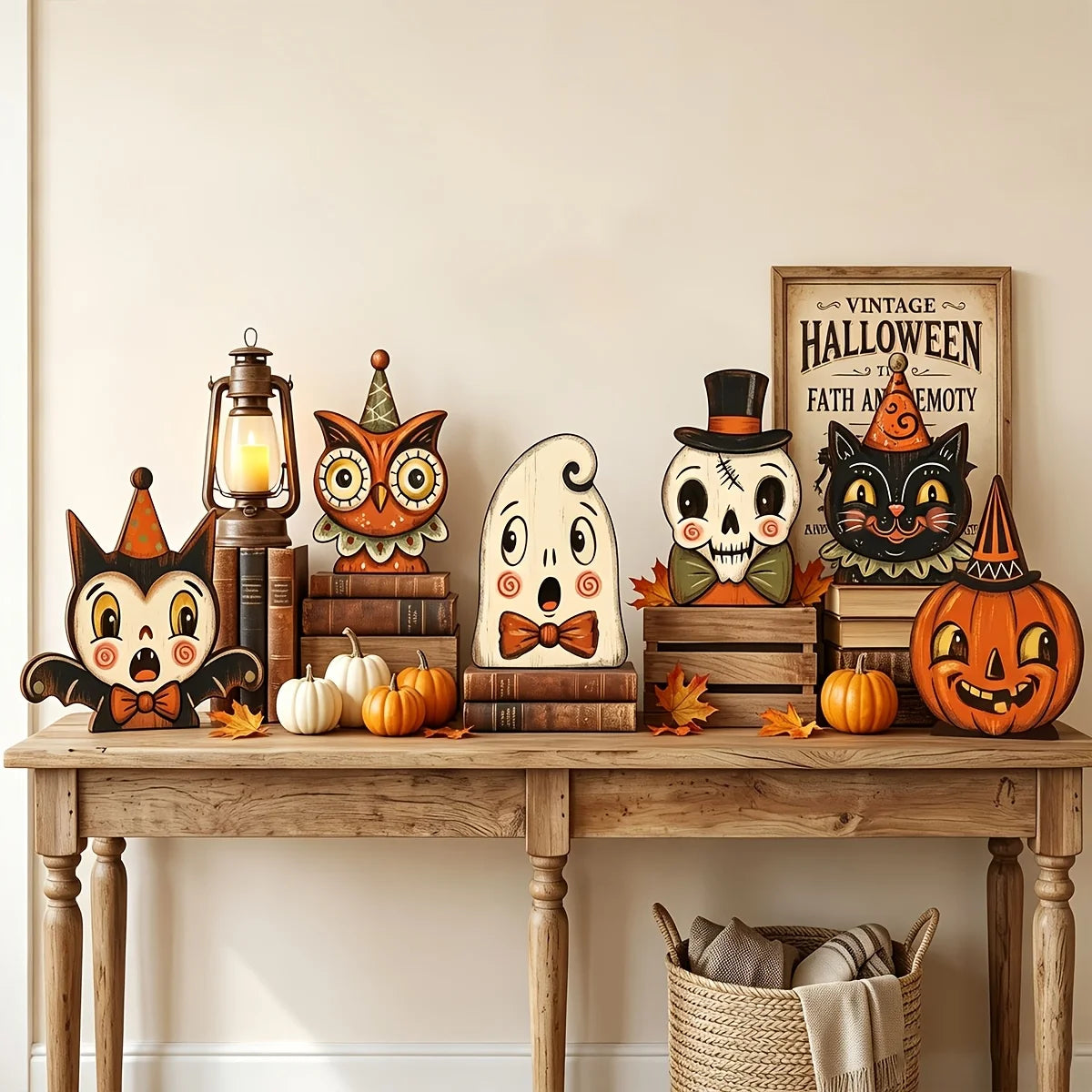 Halloween Decor Indoor,Retro Wooden Block for Shelf Decoration,Cute Ghost,Pumpkin,Black Cat,Skeleton,Witch Owl,Housewarming Gift