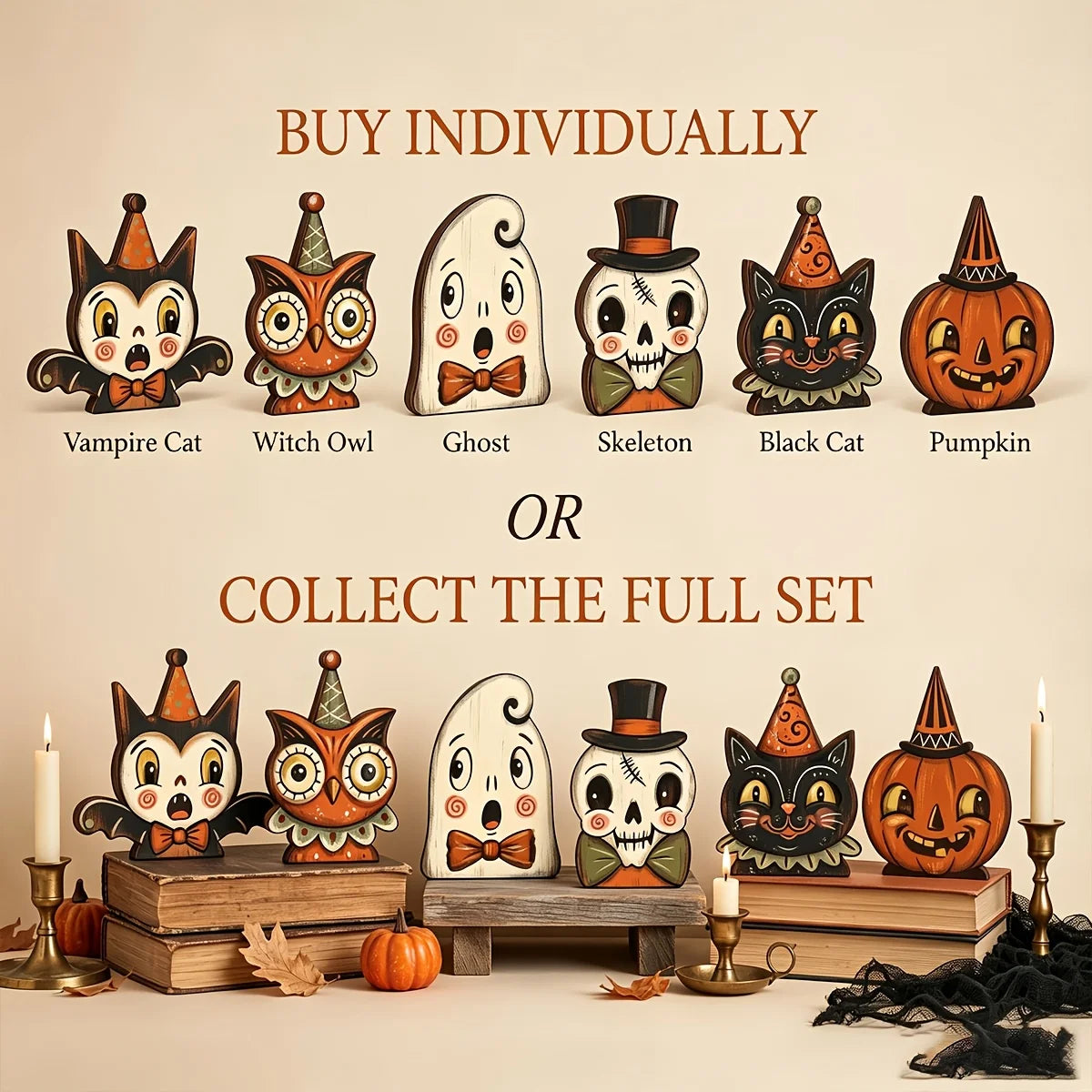 Halloween Decor Indoor,Retro Wooden Block for Shelf Decoration,Cute Ghost,Pumpkin,Black Cat,Skeleton,Witch Owl,Housewarming Gift