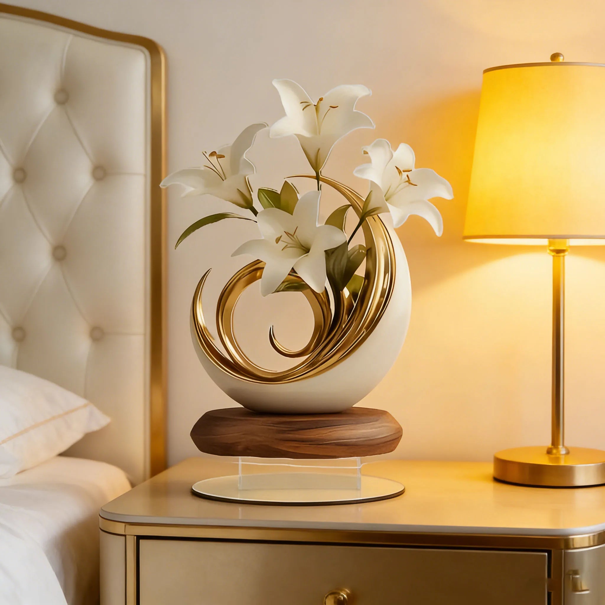 1 Elegant Crystal Vase with White Lily and Gold Decoration -2D Flat Living Room, Office Decoration | Perfect for Home Decoration