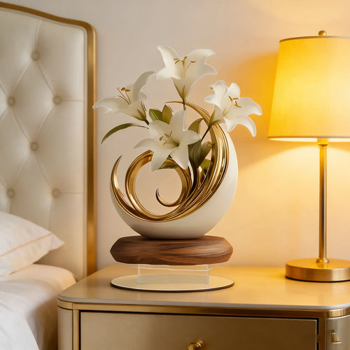 1 Elegant Crystal Vase with White Lily and Gold Decoration -2D Flat Living Room, Office Decoration | Perfect for Home Decoration