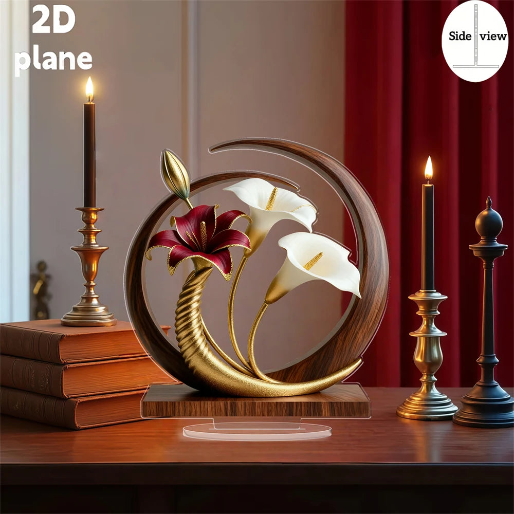 1 Elegant Crystal Vase with White Lily and Gold Decoration -2D Flat Living Room, Office Decoration | Perfect for Home Decoration
