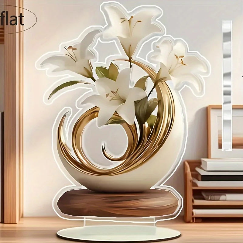 1 Elegant Crystal Vase with White Lily and Gold Decoration -2D Flat Living Room, Office Decoration | Perfect for Home Decoration