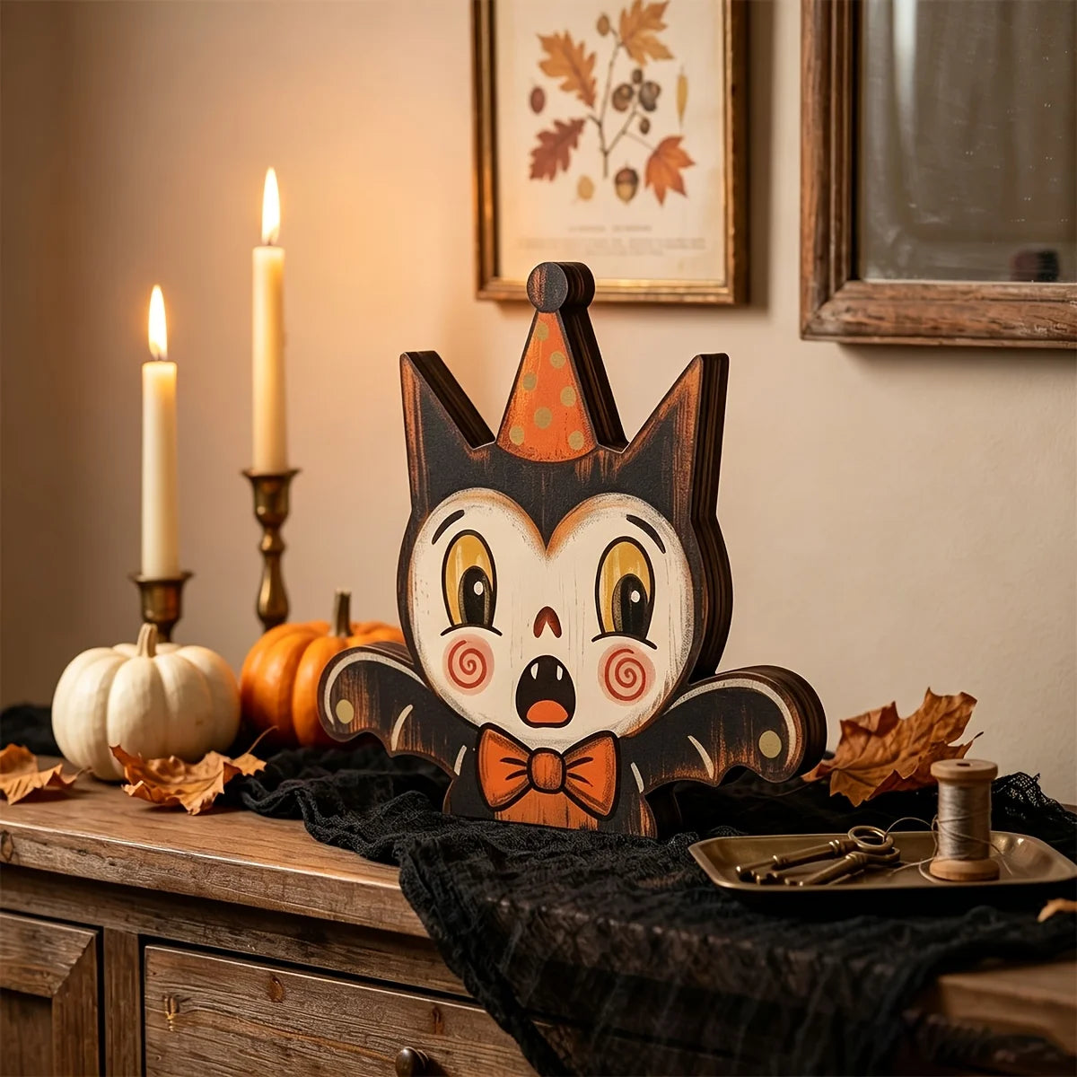 Halloween Decor Indoor,Retro Wooden Block for Shelf Decoration,Cute Ghost,Pumpkin,Black Cat,Skeleton,Witch Owl,Housewarming Gift