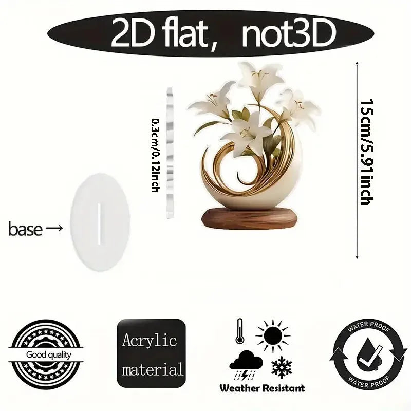 1 Elegant Crystal Vase with White Lily and Gold Decoration -2D Flat Living Room, Office Decoration | Perfect for Home Decoration