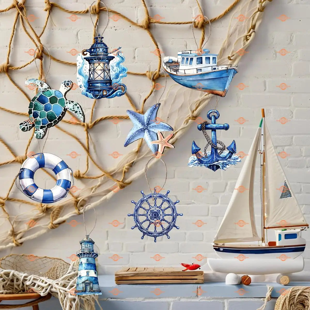 Summer Ocean Theme Decoration, 2D Wooden Hanging Ornament, Nautical Marine Animal Decor, Home Decoration