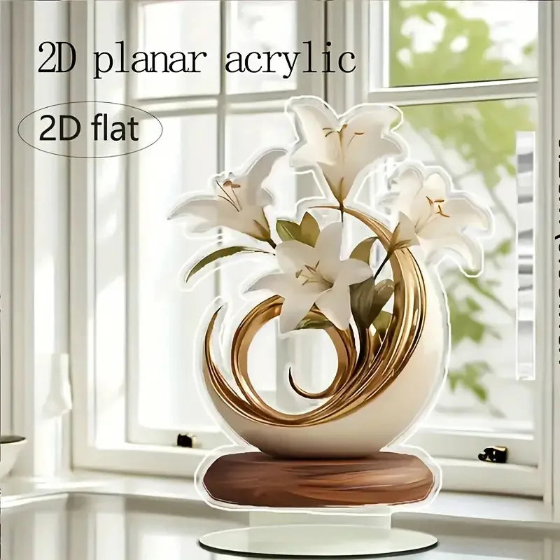 1 Elegant Crystal Vase with White Lily and Gold Decoration -2D Flat Living Room, Office Decoration | Perfect for Home Decoration