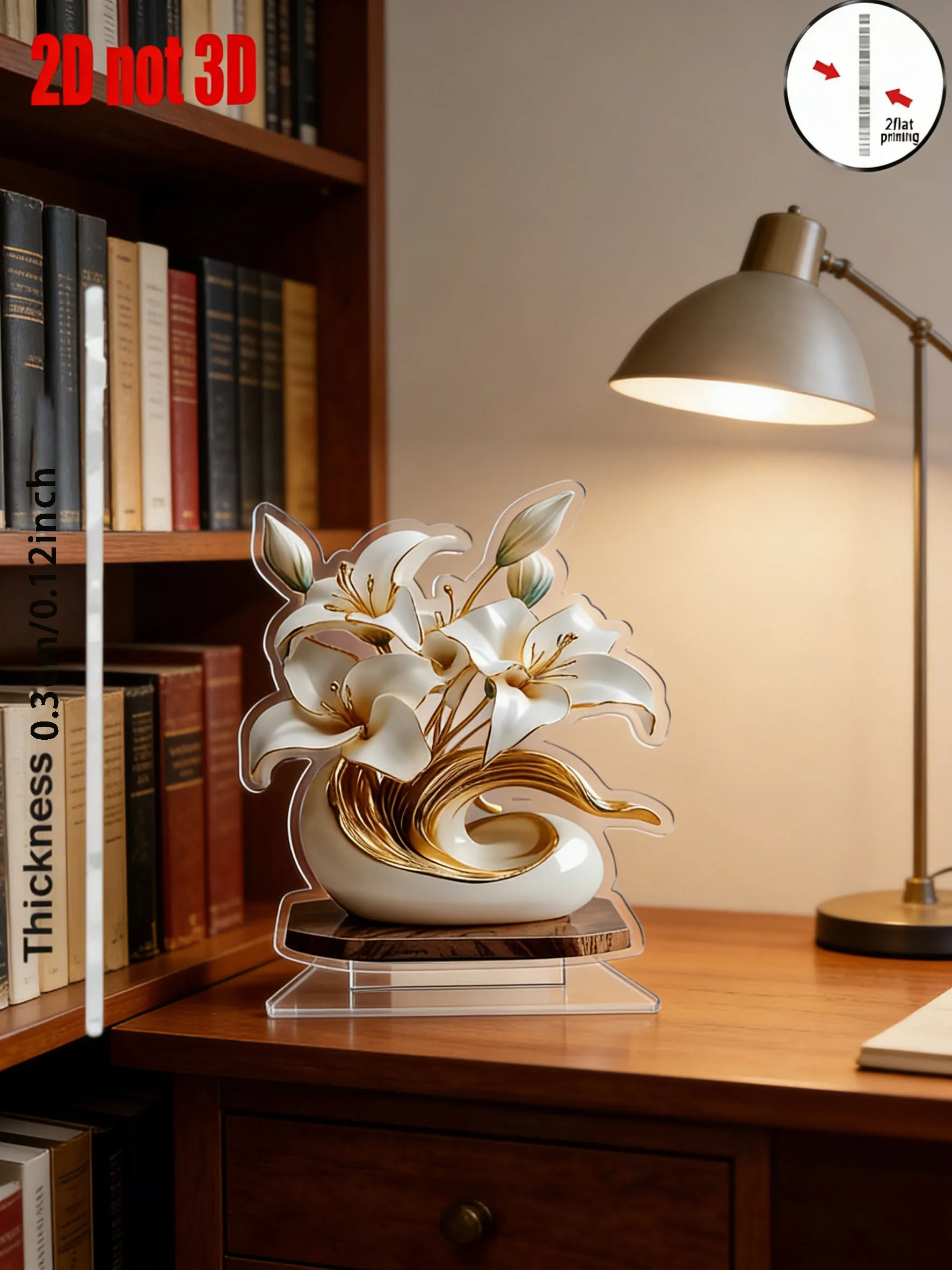 1 Elegant Crystal Vase with White Lily and Gold Decoration -2D Flat Living Room, Office Decoration | Perfect for Home Decoration