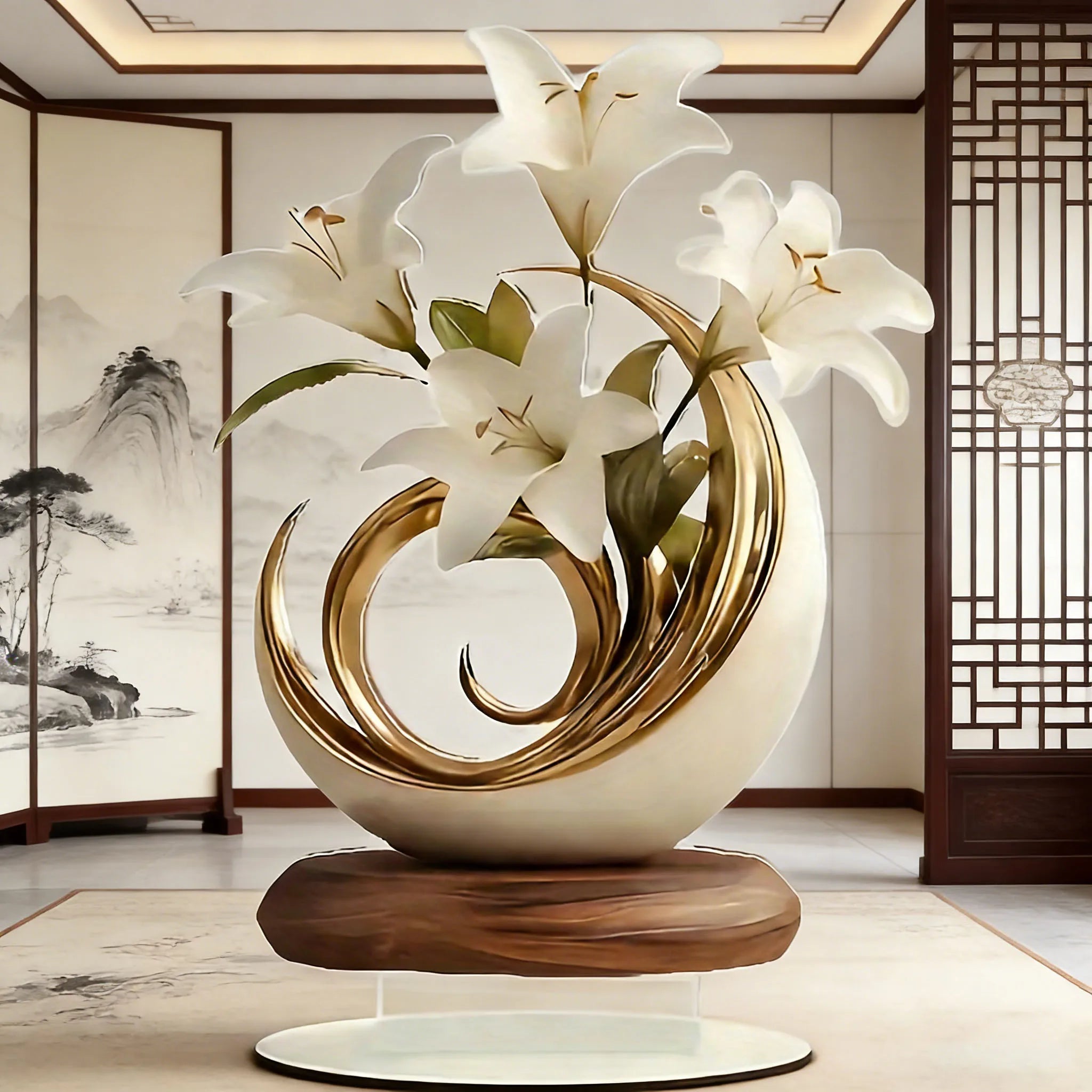 1 Elegant Crystal Vase with White Lily and Gold Decoration -2D Flat Living Room, Office Decoration | Perfect for Home Decoration