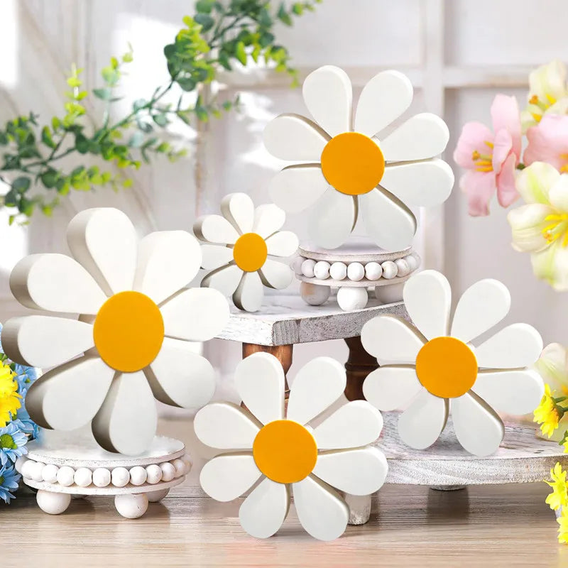 3Pcs/set Wooden Daisy Flower Ornaments Vintage Floral Desktop Decoration Home Spring Festival Supplies Wood Crafts Photo Props