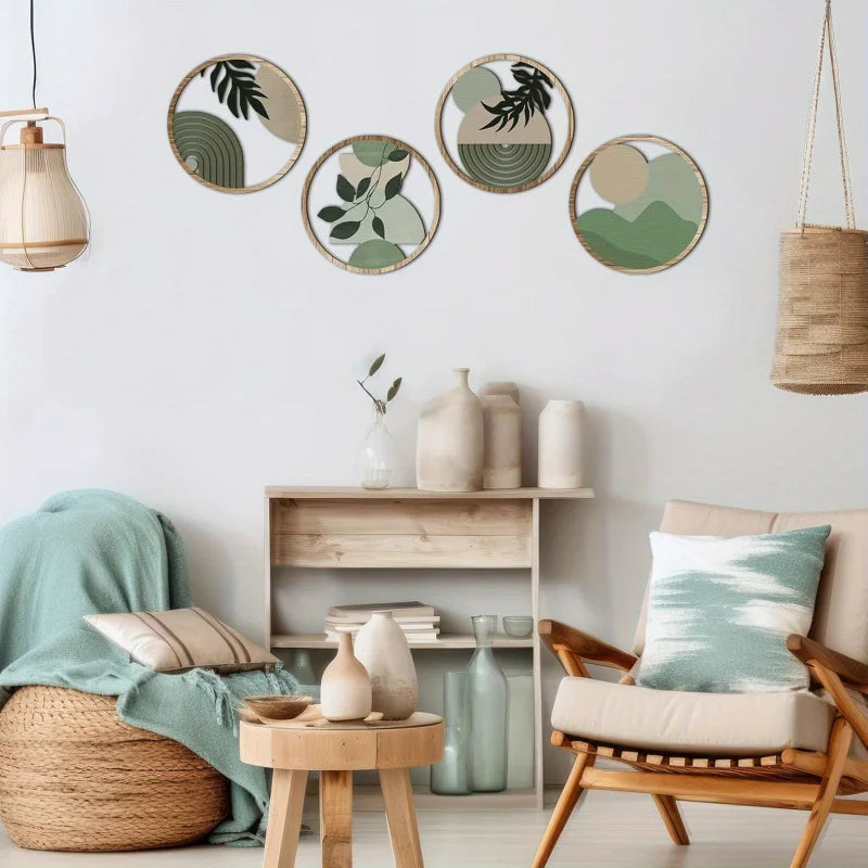4 Bohemian Wall Art Set - Wooden Bohemian Decor, Geometric Hanging Artwork, Suitable for Baby Room, Farmhouse Aesthetic Minimali